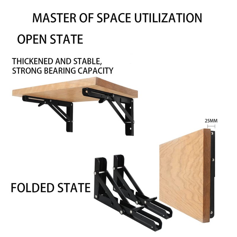 MIKMAYTOO Black Folding Shelf Brackets Max. Load 220 lb, Heavy Duty DIY Wall Mounted Shelf Bracket Space Saving for Table Work Bench (8 INCH-2PCS) - Image 2